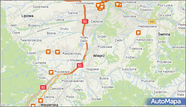 mapa Wieprz gmina Radziechowy-Wieprz, Wieprz gmina Radziechowy-Wieprz na mapie Targeo