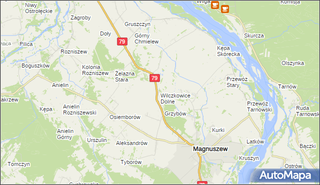 mapa Wilczkowice Dolne gmina Magnuszew, Wilczkowice Dolne gmina Magnuszew na mapie Targeo