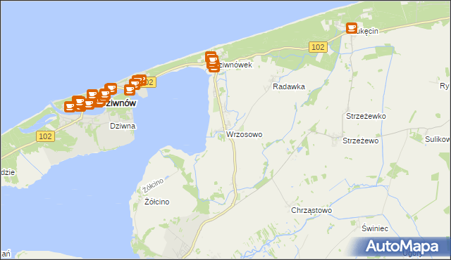 mapa Wrzosowo gmina Kamień Pomorski, Wrzosowo gmina Kamień Pomorski na mapie Targeo
