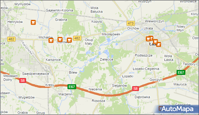 mapa Zielęcice gmina Łask, Zielęcice gmina Łask na mapie Targeo