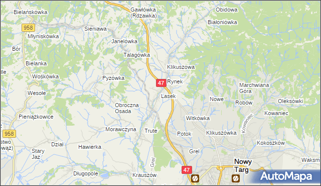 mapa Lasek gmina Nowy Targ, Lasek gmina Nowy Targ na mapie Targeo