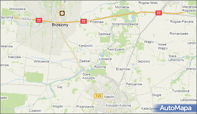 mapa Lisowice gmina Koluszki, Lisowice gmina Koluszki na mapie Targeo