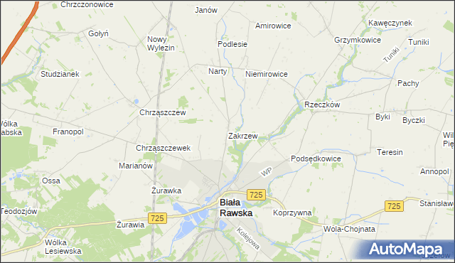 mapa Zakrzew gmina Biała Rawska, Zakrzew gmina Biała Rawska na mapie Targeo