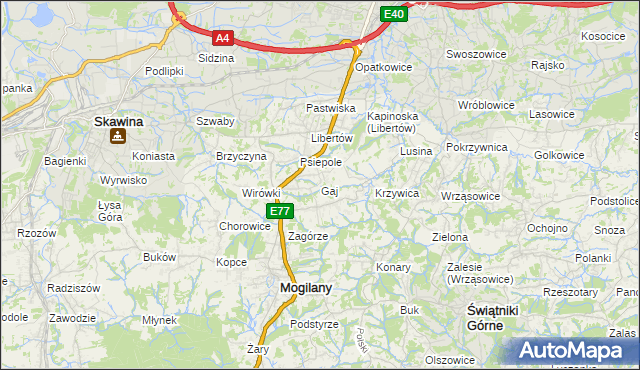 mapa Gaj gmina Mogilany, Gaj gmina Mogilany na mapie Targeo