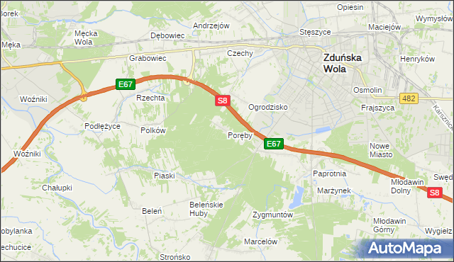 mapa Poręby gmina Zduńska Wola, Poręby gmina Zduńska Wola na mapie Targeo