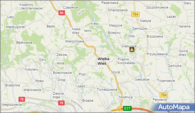 mapa Wielka Wieś powiat krakowski, Wielka Wieś powiat krakowski na mapie Targeo