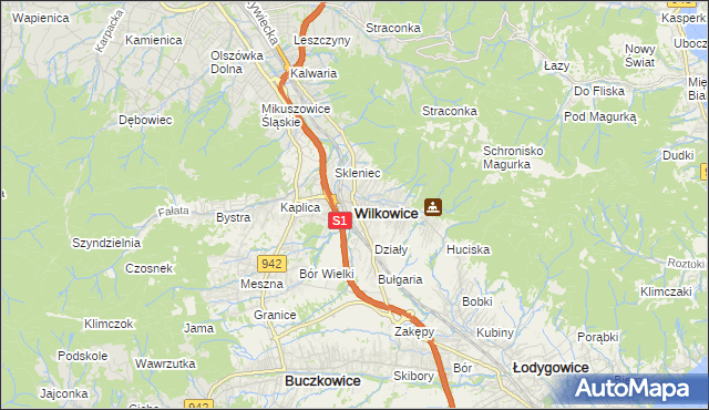 mapa Wilkowice powiat bielski, Wilkowice powiat bielski na mapie Targeo