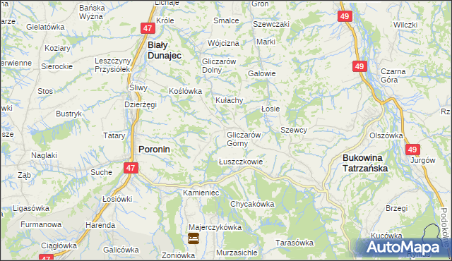 mapa Gliczarów Górny, Gliczarów Górny na mapie Targeo