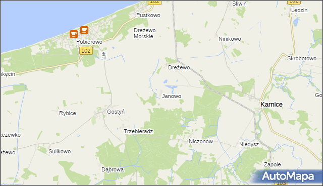 mapa Janowo gmina Karnice, Janowo gmina Karnice na mapie Targeo