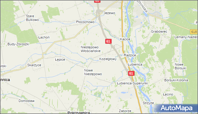 mapa Koziegłowy gmina Pokrzywnica, Koziegłowy gmina Pokrzywnica na mapie Targeo