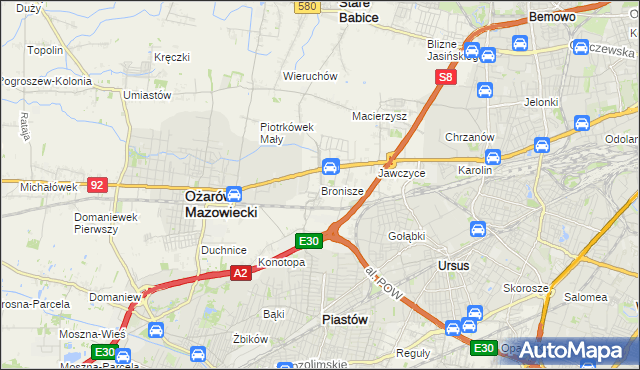 mapa Bronisze gmina Ożarów Mazowiecki, Bronisze gmina Ożarów Mazowiecki na mapie Targeo