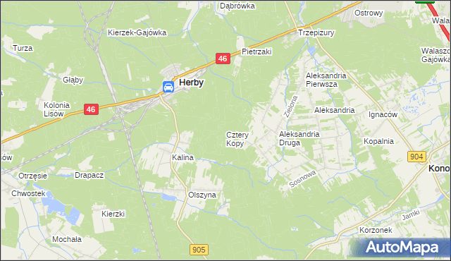 mapa Cztery Kopy gmina Herby, Cztery Kopy gmina Herby na mapie Targeo