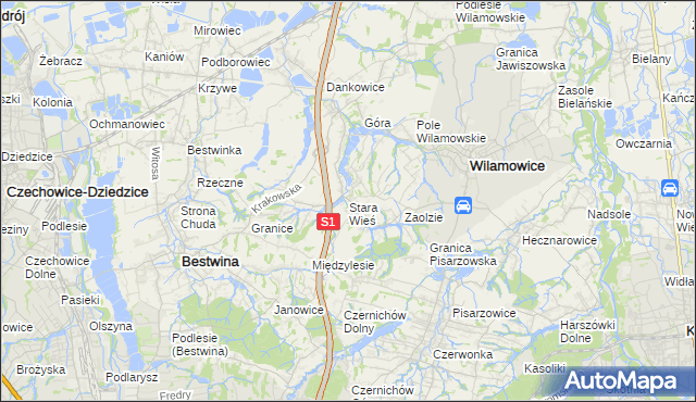 mapa Stara Wieś gmina Wilamowice, Stara Wieś gmina Wilamowice na mapie Targeo