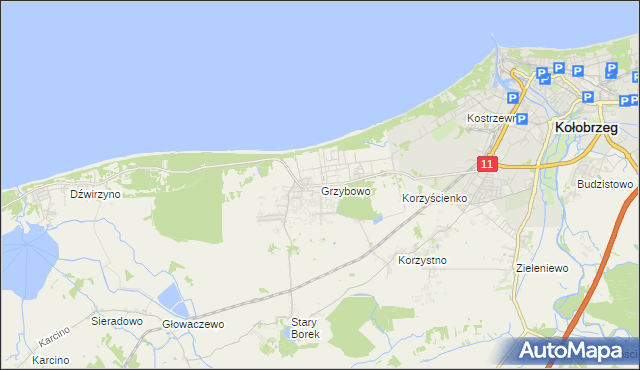 mapa Grzybowo gmina Kołobrzeg, Grzybowo gmina Kołobrzeg na mapie Targeo