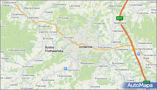 mapa Jordanów powiat suski, Jordanów powiat suski na mapie Targeo