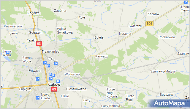 mapa Karwacz gmina Łuków, Karwacz gmina Łuków na mapie Targeo