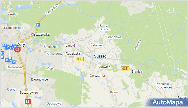 mapa Suszec powiat pszczyński, Suszec powiat pszczyński na mapie Targeo