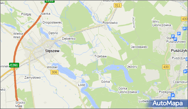 mapa Trzebaw gmina Stęszew, Trzebaw gmina Stęszew na mapie Targeo