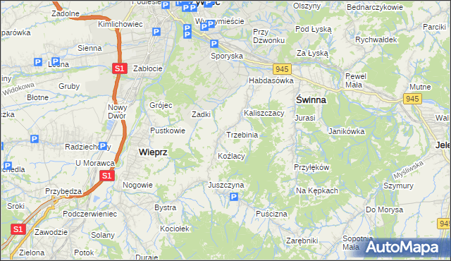 mapa Trzebinia gmina Świnna, Trzebinia gmina Świnna na mapie Targeo