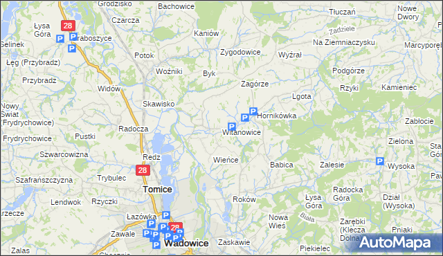 mapa Witanowice gmina Tomice, Witanowice gmina Tomice na mapie Targeo