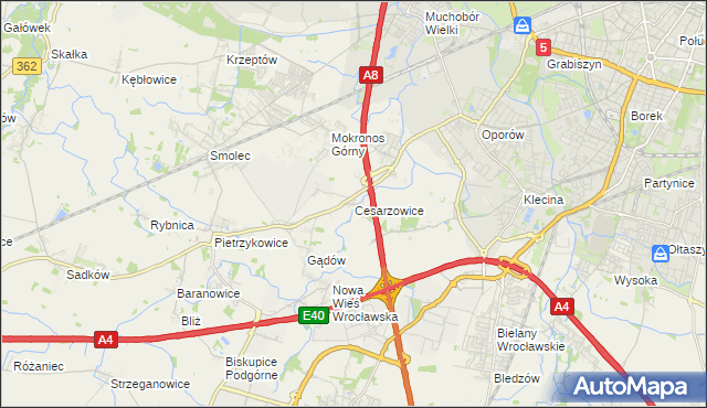 mapa Cesarzowice gmina Kąty Wrocławskie, Cesarzowice gmina Kąty Wrocławskie na mapie Targeo