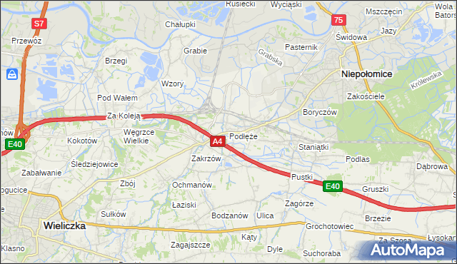 mapa Podłęże gmina Niepołomice, Podłęże gmina Niepołomice na mapie Targeo