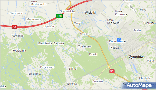 mapa Tomaszew gmina Wiskitki, Tomaszew gmina Wiskitki na mapie Targeo