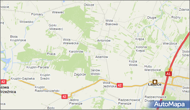 mapa Adamów gmina Ładzice, Adamów gmina Ładzice na mapie Targeo