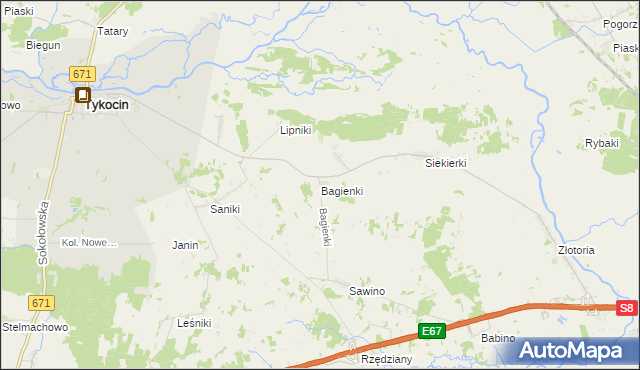 mapa Bagienki gmina Tykocin, Bagienki gmina Tykocin na mapie Targeo