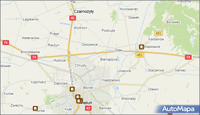 mapa Bieniądzice, Bieniądzice na mapie Targeo