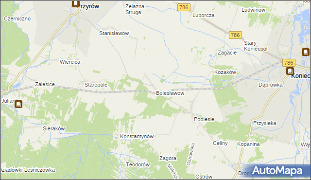 mapa Bolesławów gmina Przyrów, Bolesławów gmina Przyrów na mapie Targeo