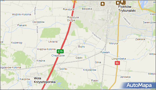 mapa Bujny gmina Wola Krzysztoporska, Bujny gmina Wola Krzysztoporska na mapie Targeo