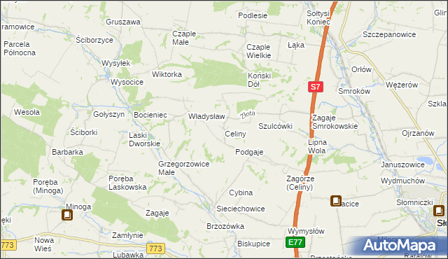 mapa Celiny gmina Iwanowice, Celiny gmina Iwanowice na mapie Targeo