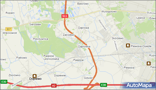 mapa Dąbrówka gmina Dopiewo, Dąbrówka gmina Dopiewo na mapie Targeo