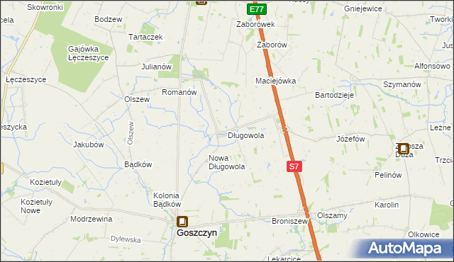 mapa Długowola gmina Goszczyn, Długowola gmina Goszczyn na mapie Targeo