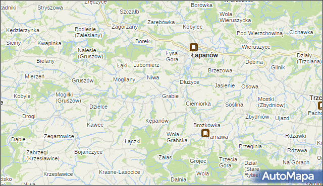 mapa Grabie gmina Łapanów, Grabie gmina Łapanów na mapie Targeo