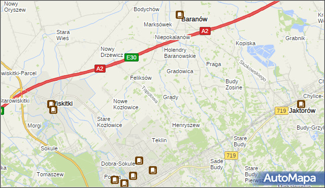 mapa Grądy gmina Jaktorów, Grądy gmina Jaktorów na mapie Targeo