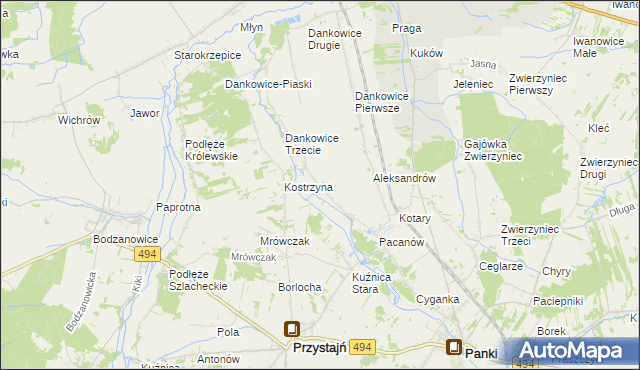 mapa Kostrzyna gmina Panki, Kostrzyna gmina Panki na mapie Targeo