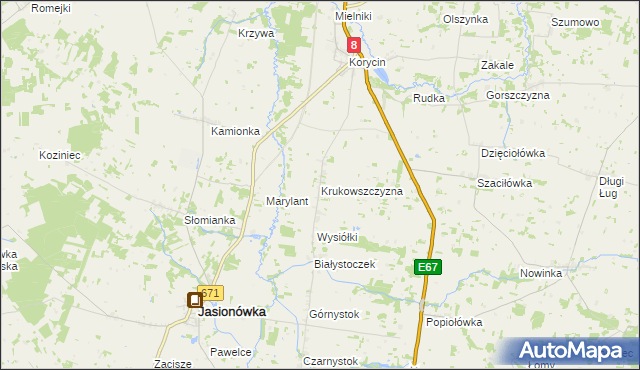 mapa Krukowszczyzna gmina Korycin, Krukowszczyzna gmina Korycin na mapie Targeo