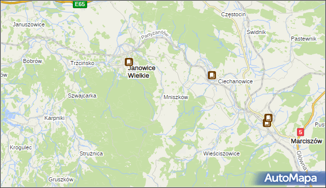 mapa Mniszków gmina Janowice Wielkie, Mniszków gmina Janowice Wielkie na mapie Targeo