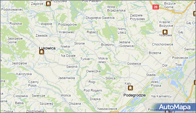 mapa Mokra Wieś gmina Podegrodzie, Mokra Wieś gmina Podegrodzie na mapie Targeo