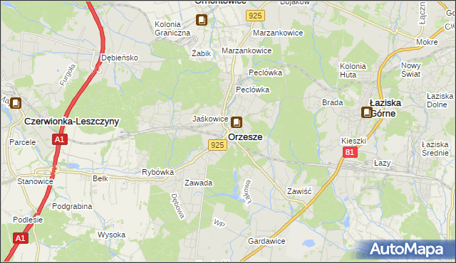mapa Orzesze powiat mikołowski, Orzesze powiat mikołowski na mapie Targeo