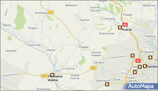 mapa Pawłów gmina Pietrowice Wielkie, Pawłów gmina Pietrowice Wielkie na mapie Targeo