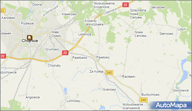 mapa Pawłowo gmina Chojnice, Pawłowo gmina Chojnice na mapie Targeo