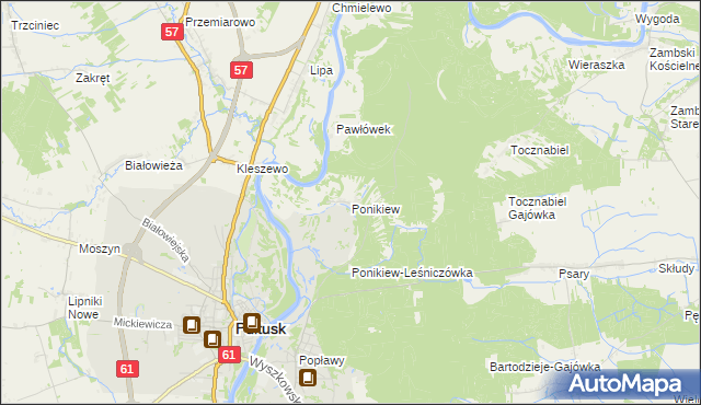 mapa Ponikiew gmina Pułtusk, Ponikiew gmina Pułtusk na mapie Targeo
