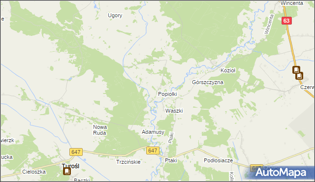 mapa Popiołki gmina Turośl, Popiołki gmina Turośl na mapie Targeo