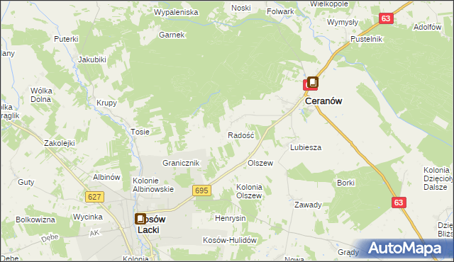 mapa Radość gmina Ceranów, Radość gmina Ceranów na mapie Targeo