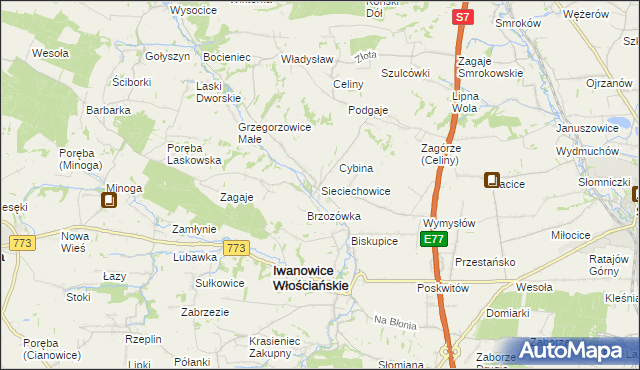 mapa Sieciechowice gmina Iwanowice, Sieciechowice gmina Iwanowice na mapie Targeo