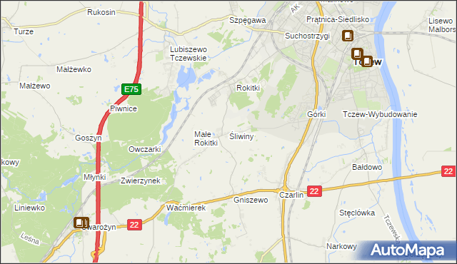 mapa Śliwiny gmina Tczew, Śliwiny gmina Tczew na mapie Targeo