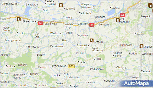 mapa Sosnowice gmina Brzeźnica, Sosnowice gmina Brzeźnica na mapie Targeo